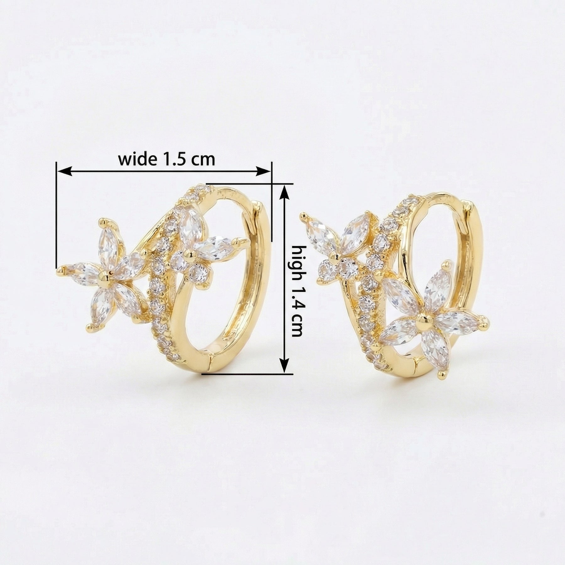 Floral Marquise Huggie Hoop Earrings – sterling silver earrings, close-up