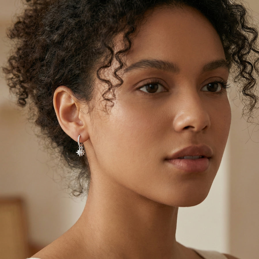 Celestial Star Dangle Hoop Earrings – sterling silver earrings, side detail