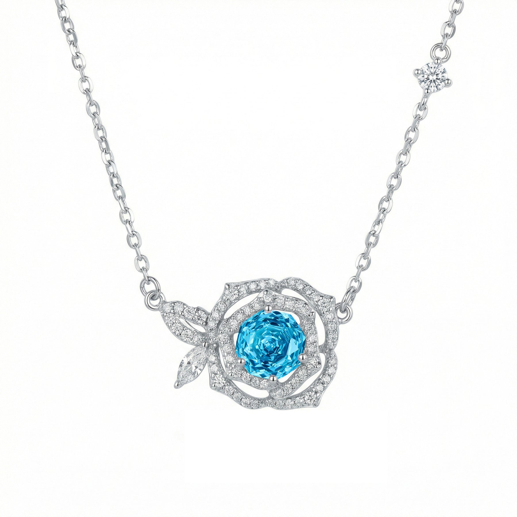 Rose-Inspired Blue Gemstone Necklace – sterling silver necklace, side detail