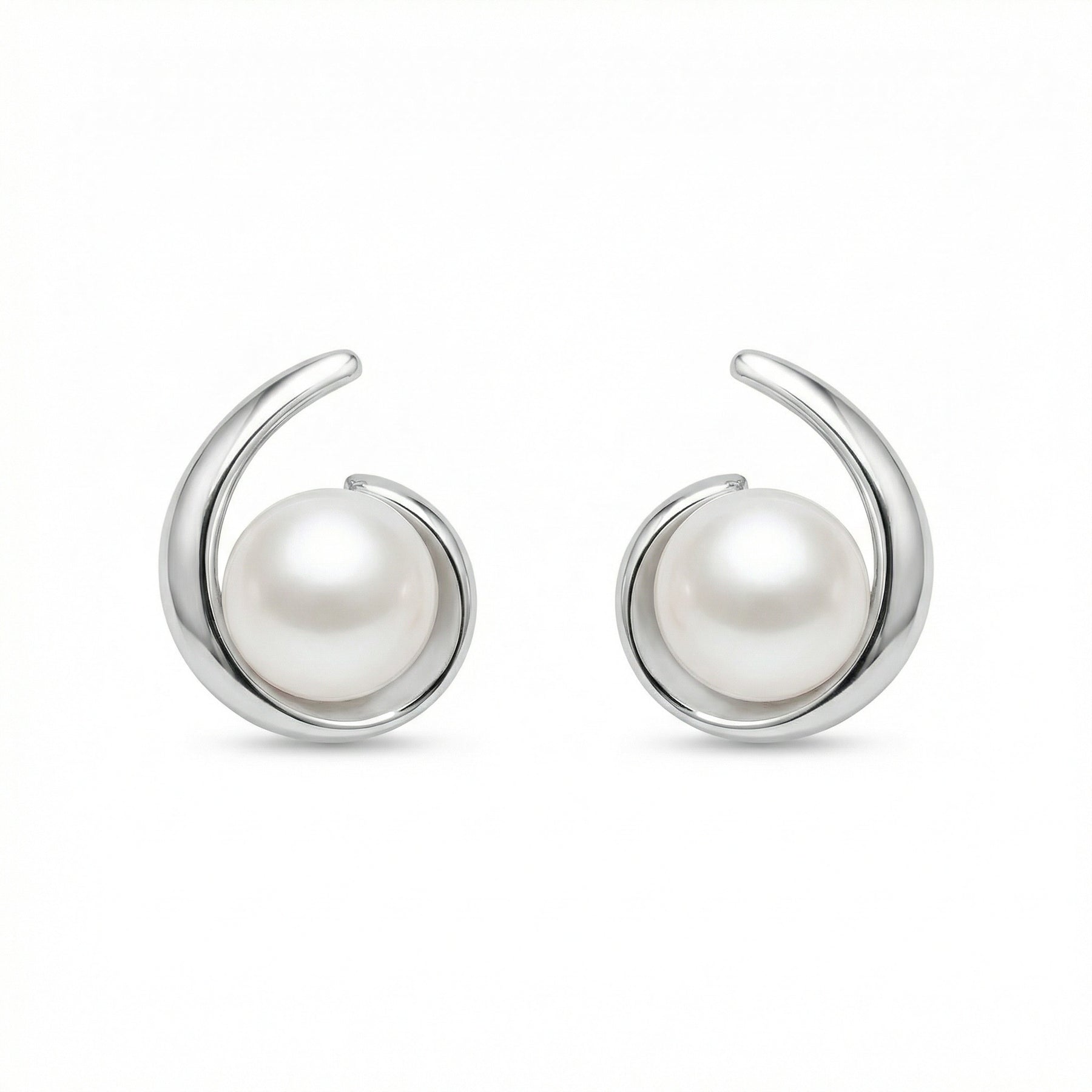 Silver Swirl Pearl Stud Earrings – pearl earrings, close-up