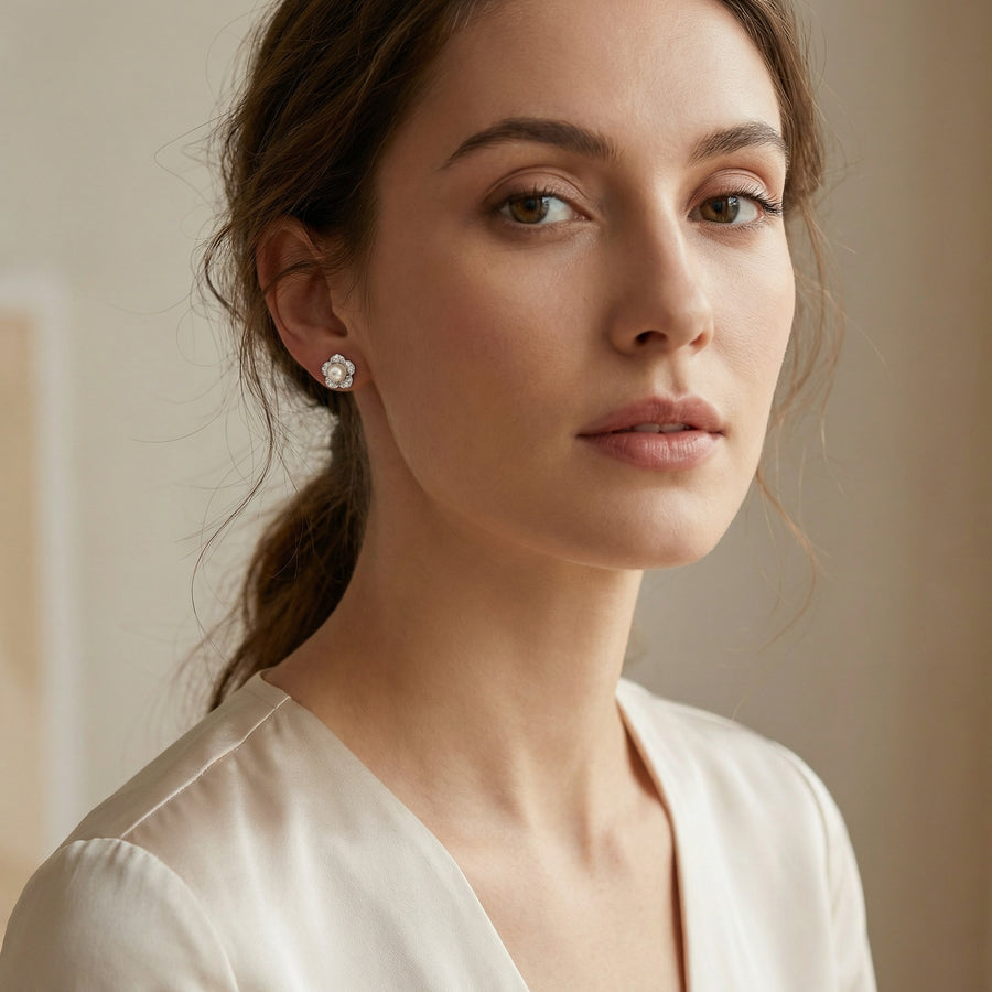 Floral Pearl Studs, Baguette Accents – pearl earrings, front view