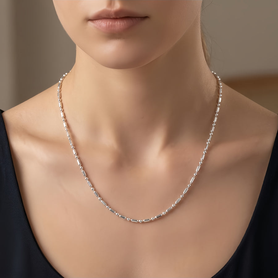 Italian Beaded Tube Chain Necklace – sterling silver necklace, close-up