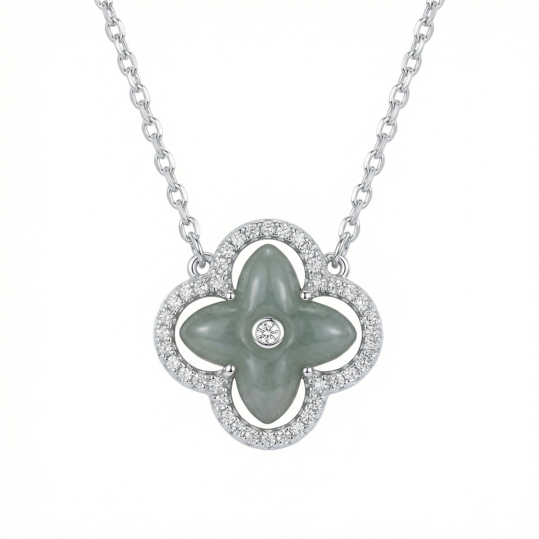 Green Jade Clover Flower Necklace – jade necklace, side detail