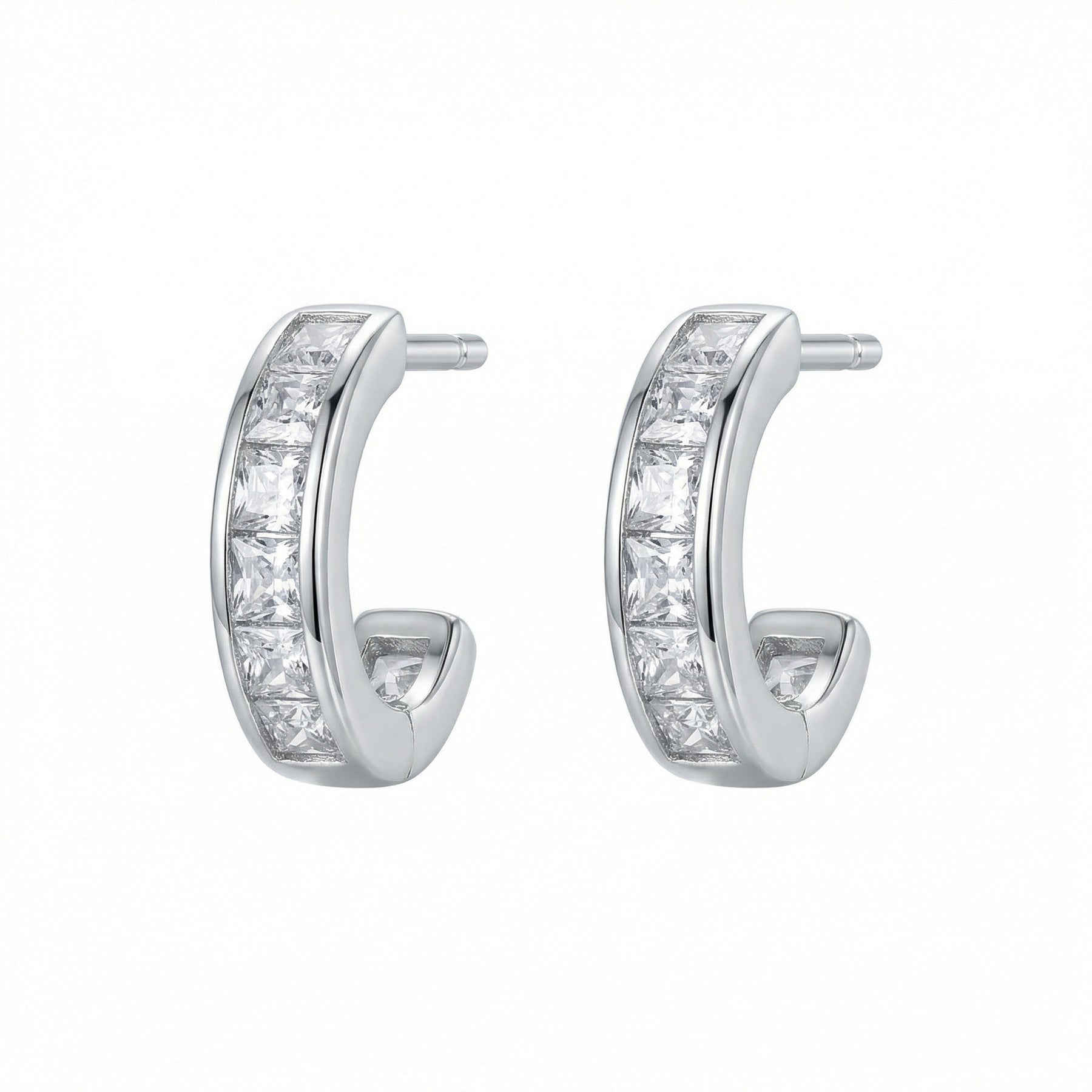 Channel-Set Princess-Cut Half-Hoops – sterling silver earrings, close-up