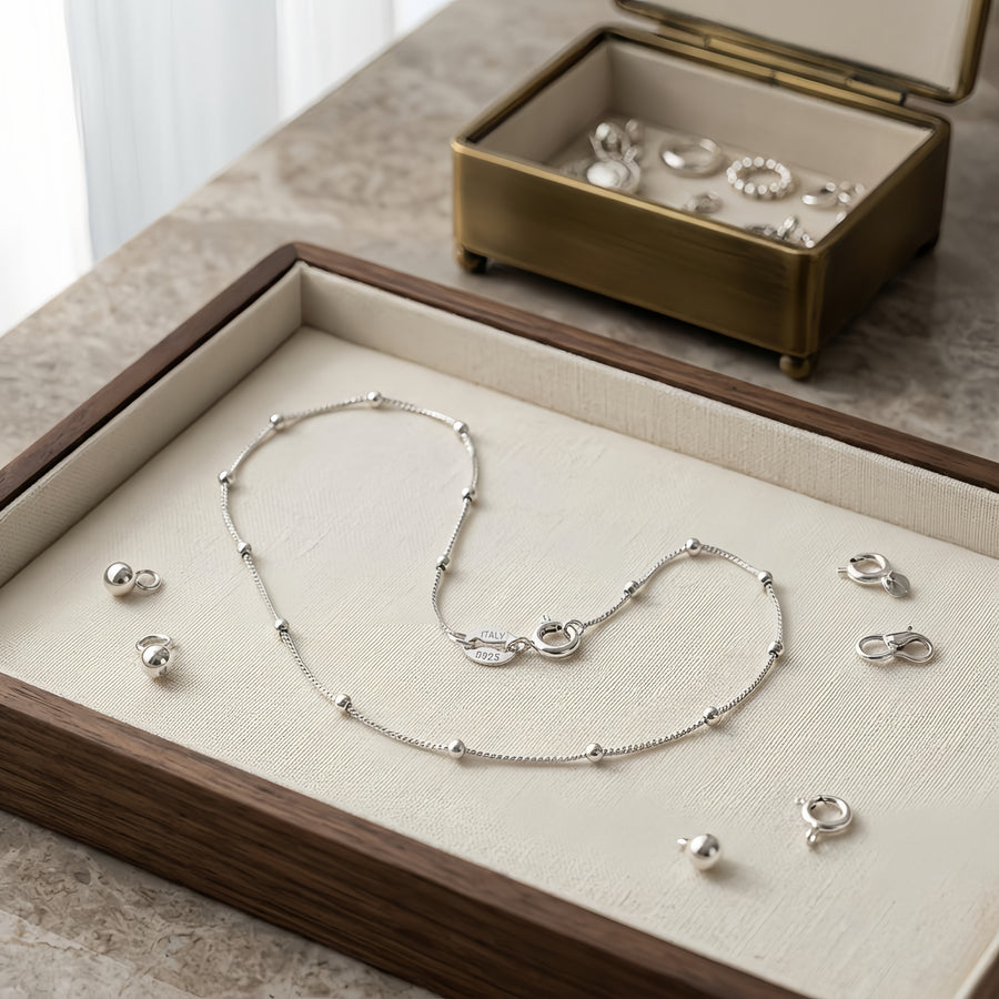 white-gold-tone Bead-Accented Chain Necklace – sterling silver necklace, side detail