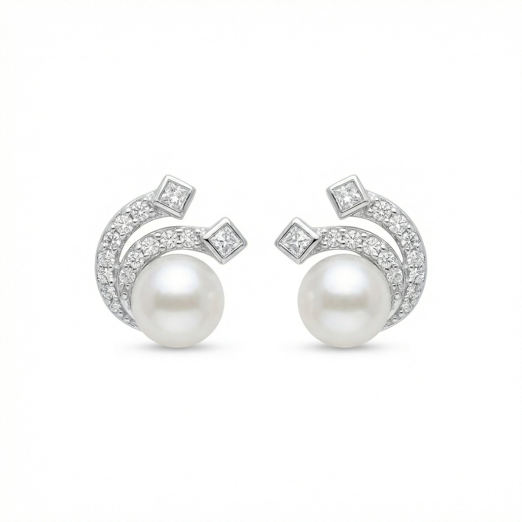 Pearl and Princess-Cut Wave Studs – pearl earrings, styling detail
