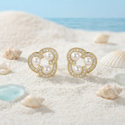 Triple Pearl Trefoil Stud Earrings – pearl earrings, close-up