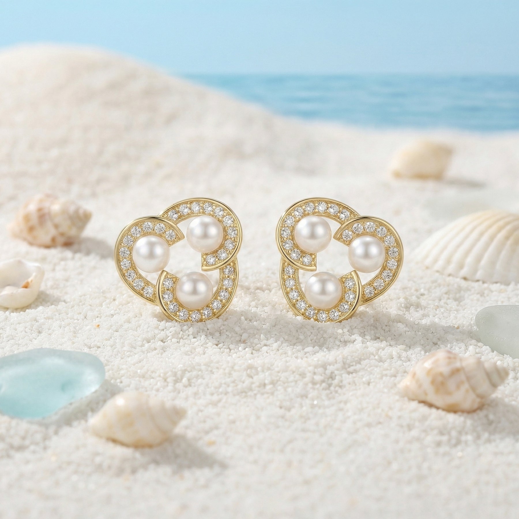 Triple Pearl Trefoil Stud Earrings – pearl earrings, close-up