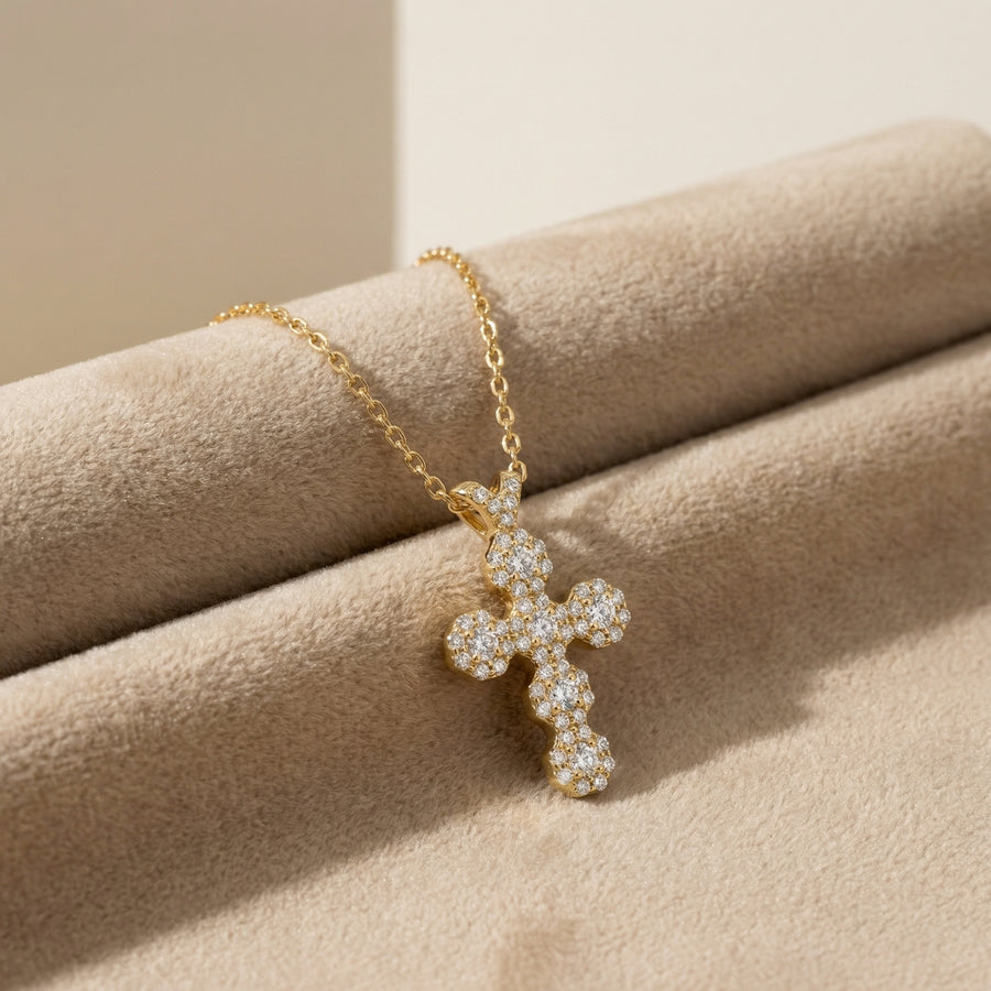 Sparkling stone Cluster Cross Pendant Necklace – sterling silver necklace, front view