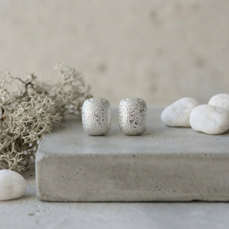 Stardust Textured Cushion Studs – sterling silver earrings, front view