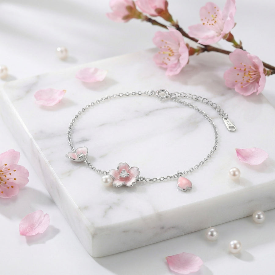 Cherry Blossom Enamel Bracelet – pearl bracelet, front view