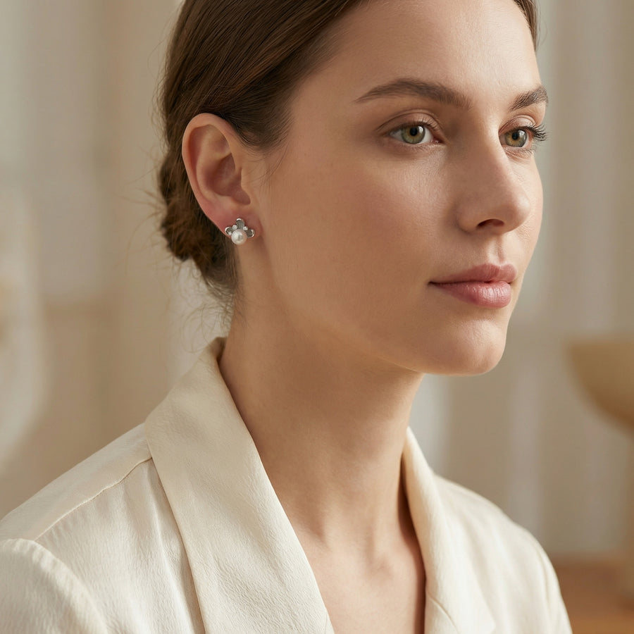 Pearl Studs with Textured Petals – pearl earrings