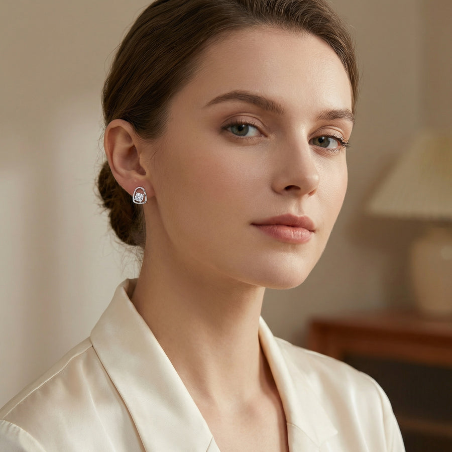Cushion-Cut Geometric Halo Studs – sterling silver earrings, front view