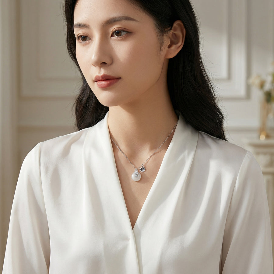 White Jade Gourd Fortune Necklace – jade necklace, front view