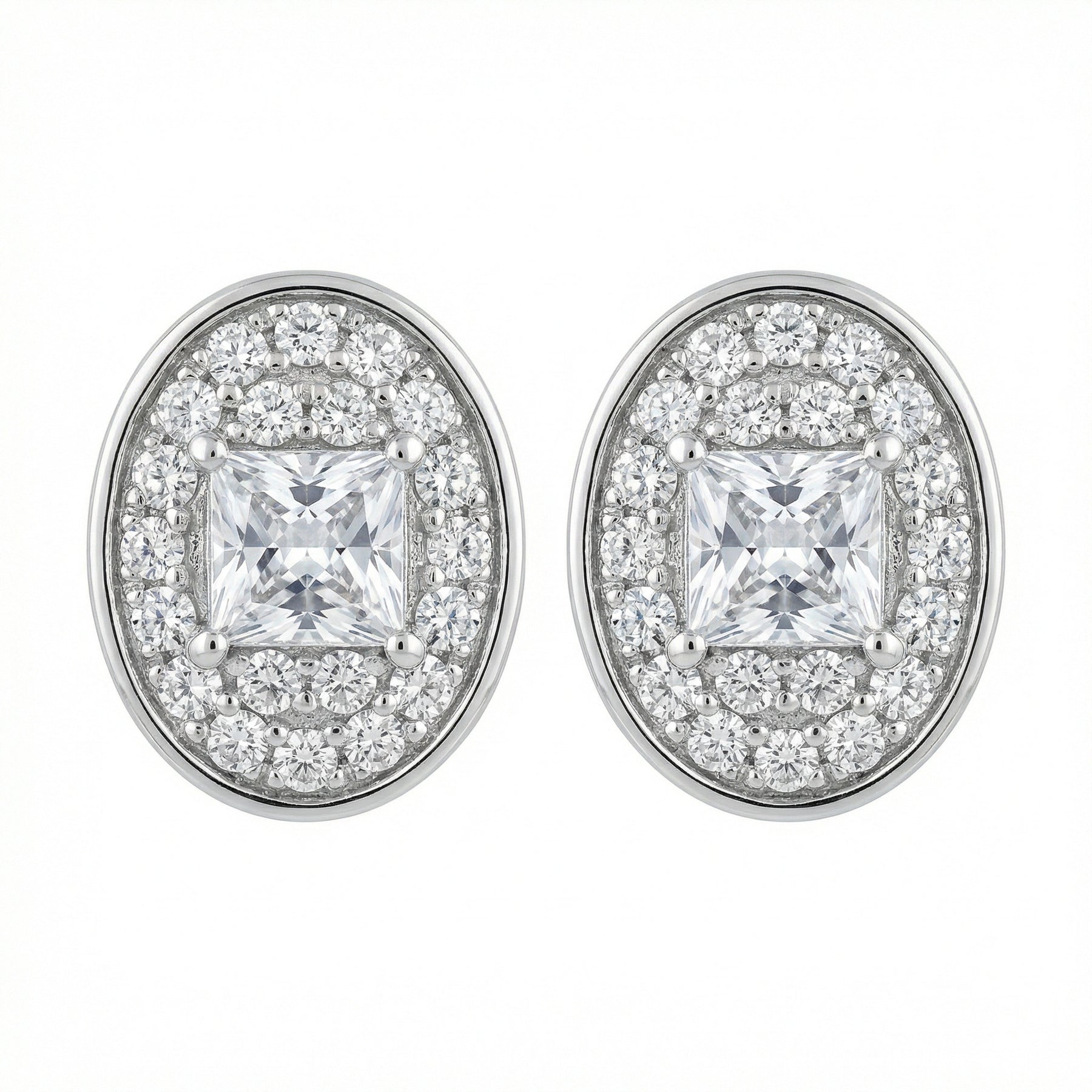Oval Halo Princess-Cut Stud Earrings – sterling silver earrings, side detail