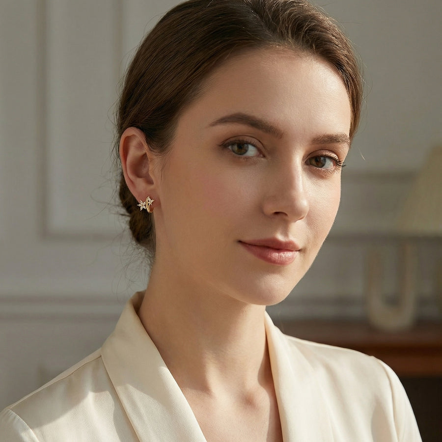 Floral Marquise Huggie Hoop Earrings – sterling silver earrings, side detail