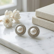 Pearl Studs with Coiled Halo – pearl earrings, close-up