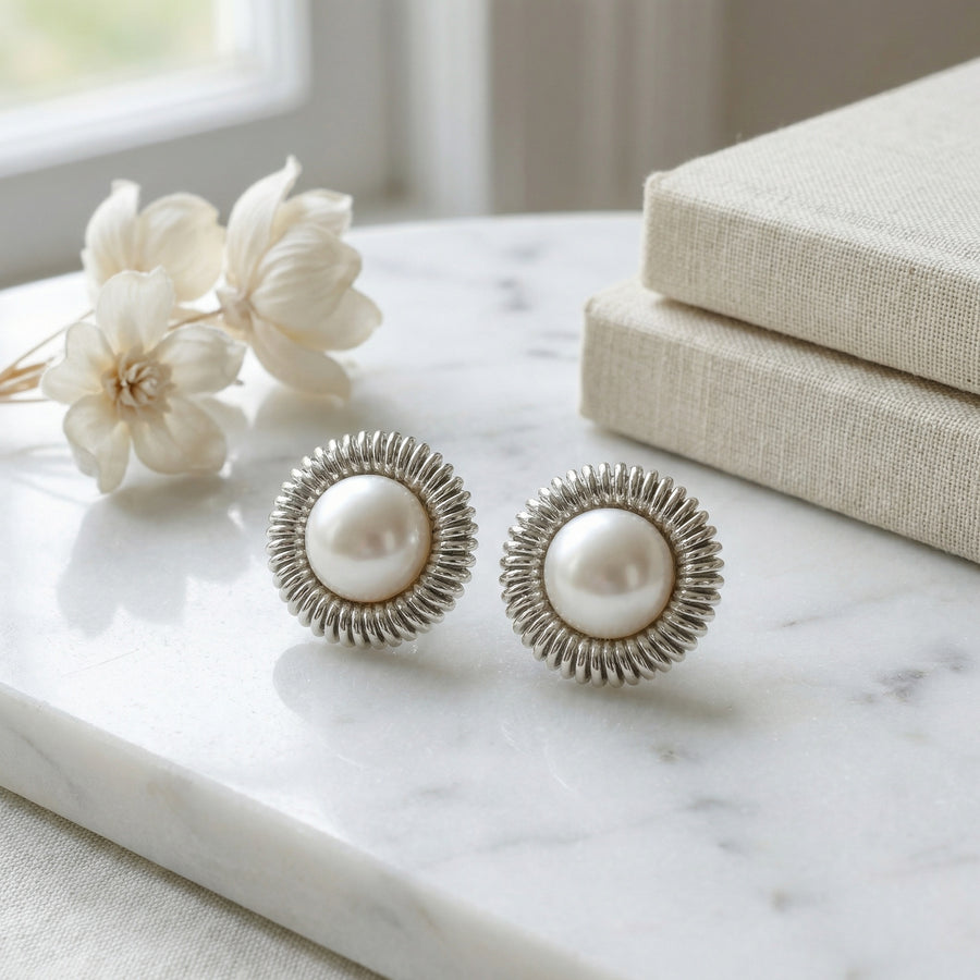 Pearl Studs with Coiled Halo – pearl earrings, close-up