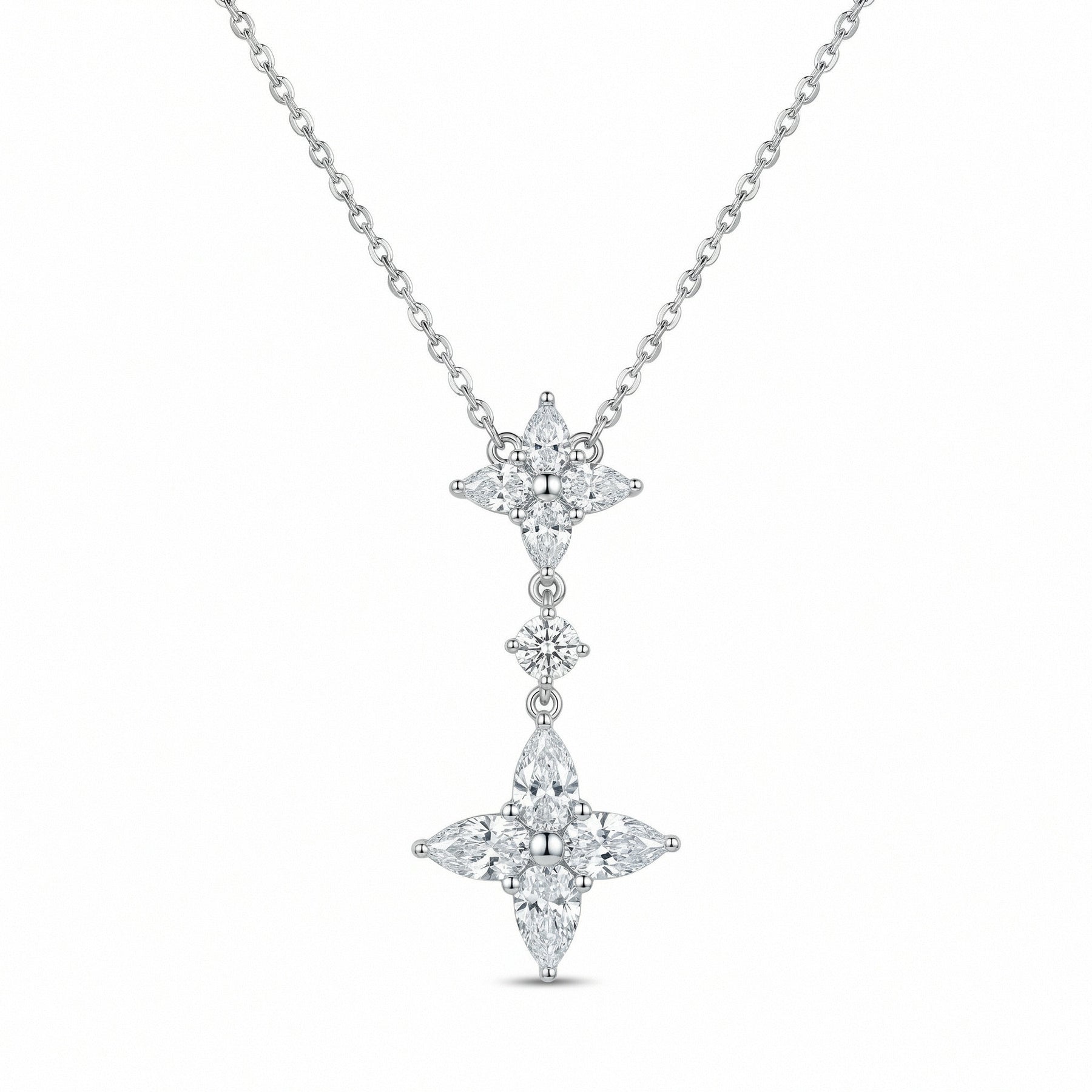 Marquise Floral Double Cluster Necklace – sterling silver necklace, front view