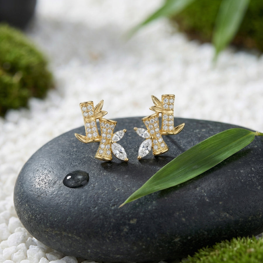 Bamboo and Leaf Gemstone Studs – sterling silver earrings, side detail