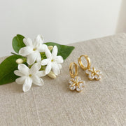 Floral Charm Huggie Hoop Earrings – sterling silver earrings, front view