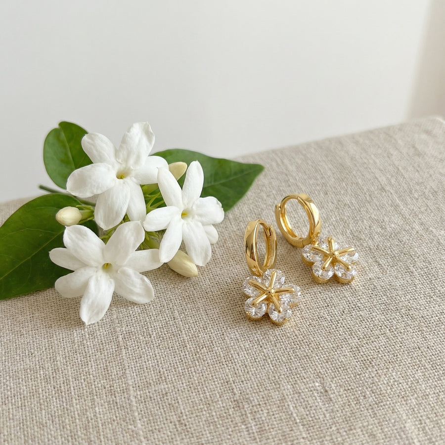 Floral Charm Huggie Hoop Earrings – sterling silver earrings, front view