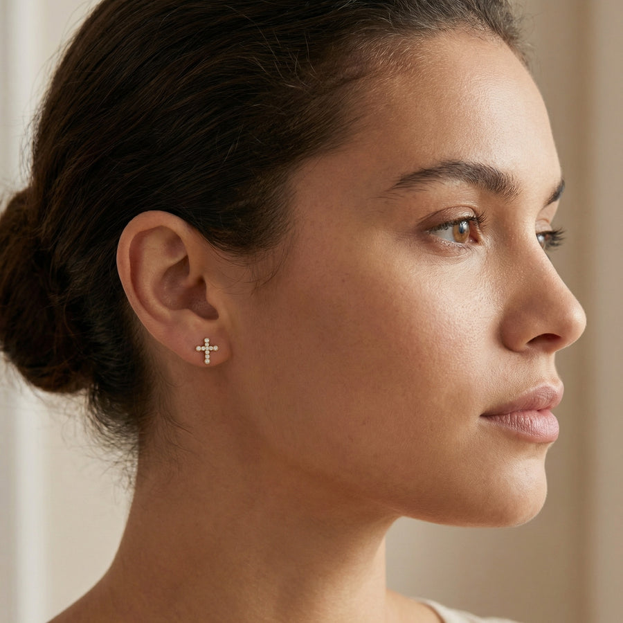 Faith Cross Studs, Bezel-Set Accents – sterling silver earrings