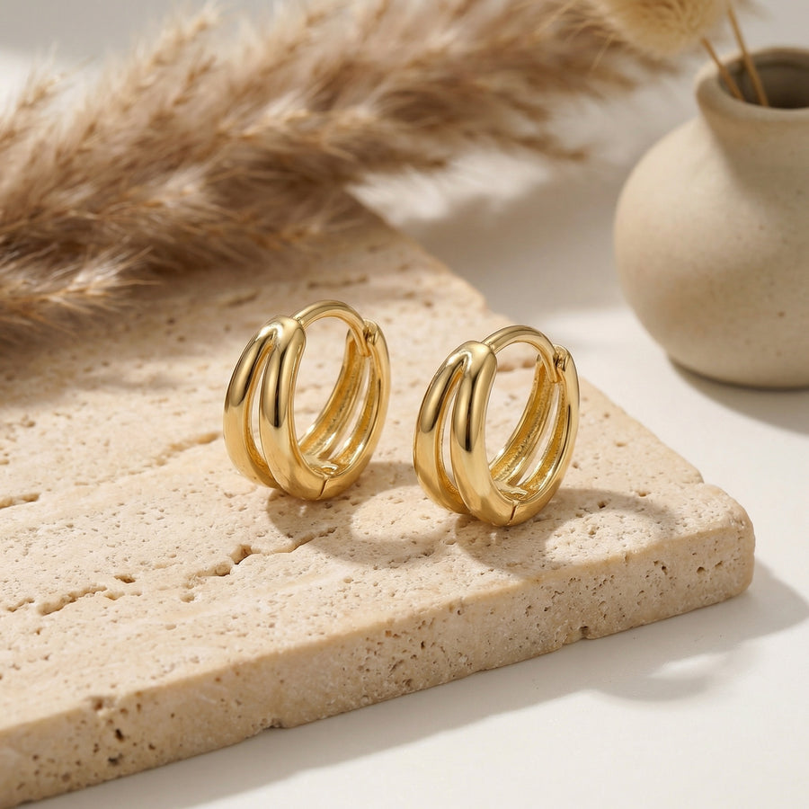 Double-Layer Polished Huggie Hoops – sterling silver earrings, front view