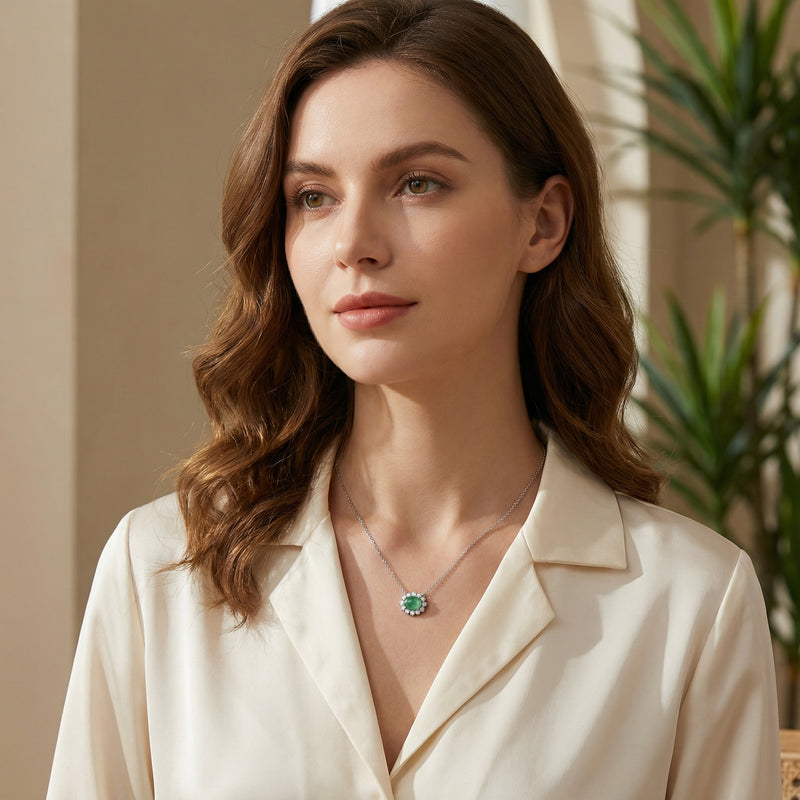 Jadeite Cabochon Halo Necklace – jade necklace, front view