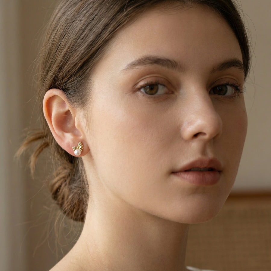 Pearl Bow Crystal Stud Earrings – pearl earrings, front view