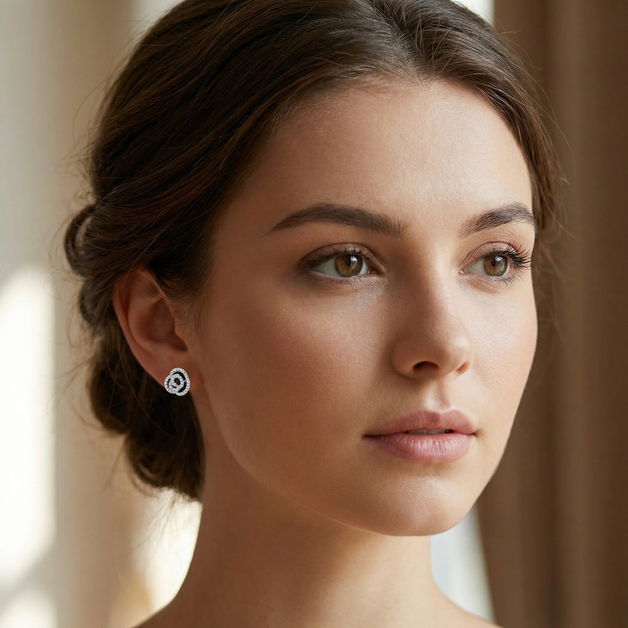 Rose Flower Huggie Hoop Earrings – sterling silver earrings, side detail