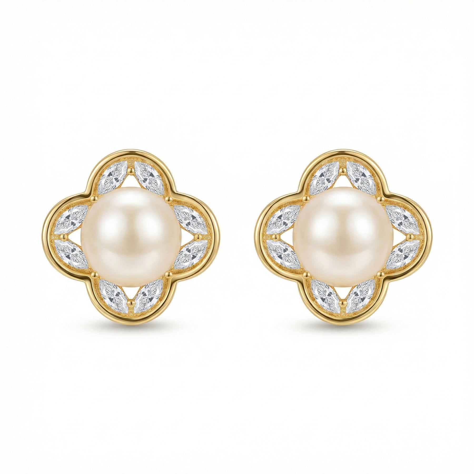 Pearl Quatrefoil Stud Earrings – pearl earrings, close-up