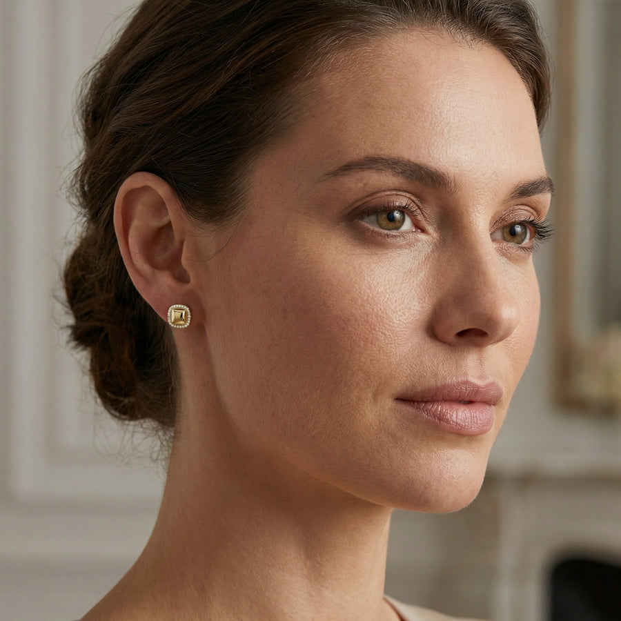 Cushion Halo Studs, Polished Center – sterling silver earrings, side detail
