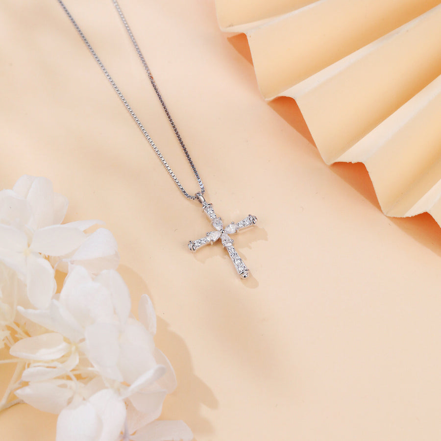 Silver Cross Necklace with Sparkling stone – sparkling stone necklace, side detail