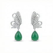 Butterfly Drops with Green Teardrop Stones – sterling silver earrings, close-up