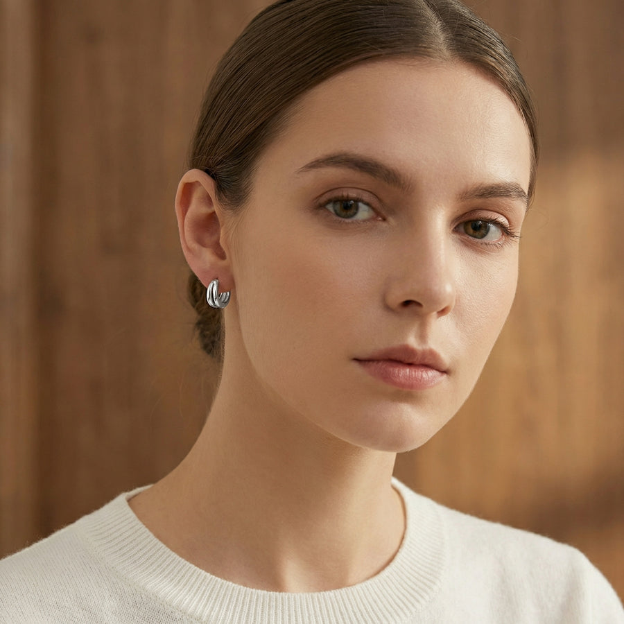 Triple Band Huggie Hoop Earrings – sterling silver earrings, close-up