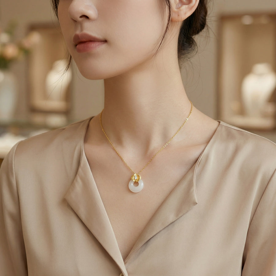 White Jade Pi Disc Pendant Necklace – jade necklace, front view