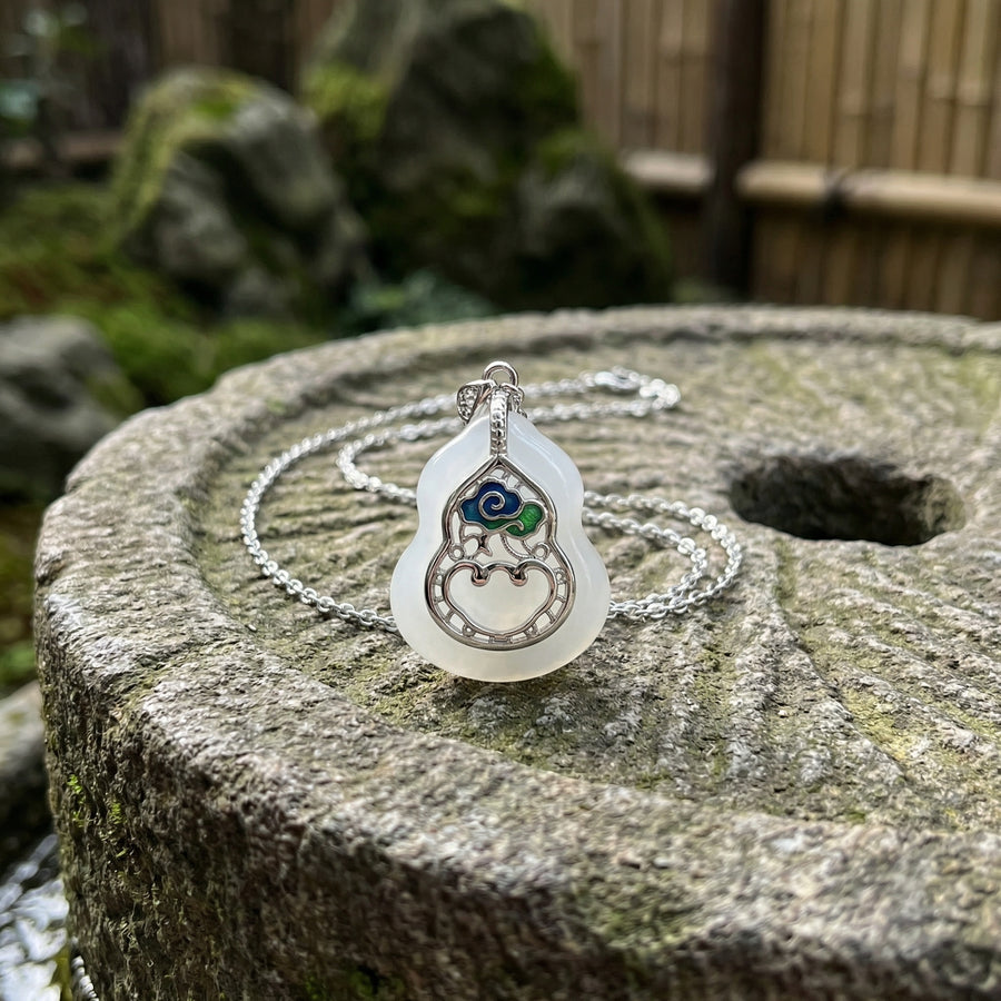 Gourd Pendant Necklace, Jade and Enamel – jade necklace, front view