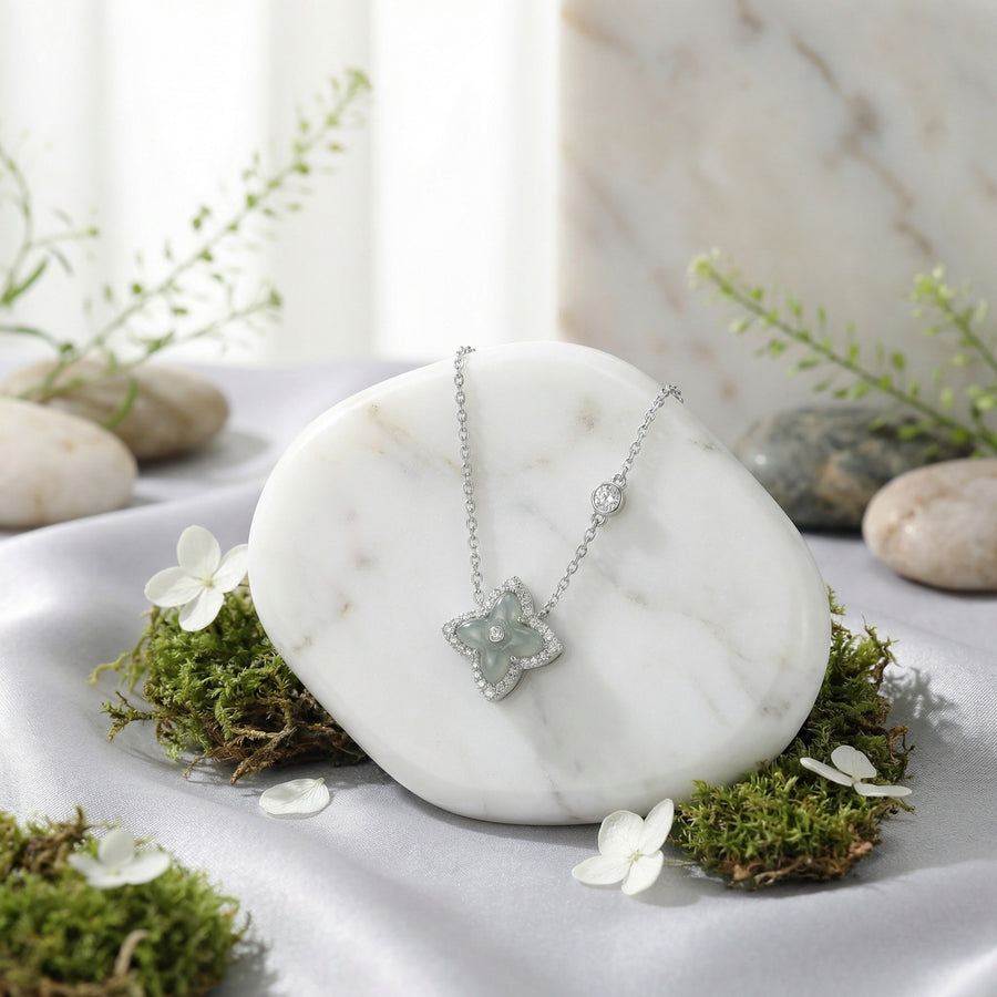 Quatrefoil Grey Jade Halo Necklace – jade necklace, front view
