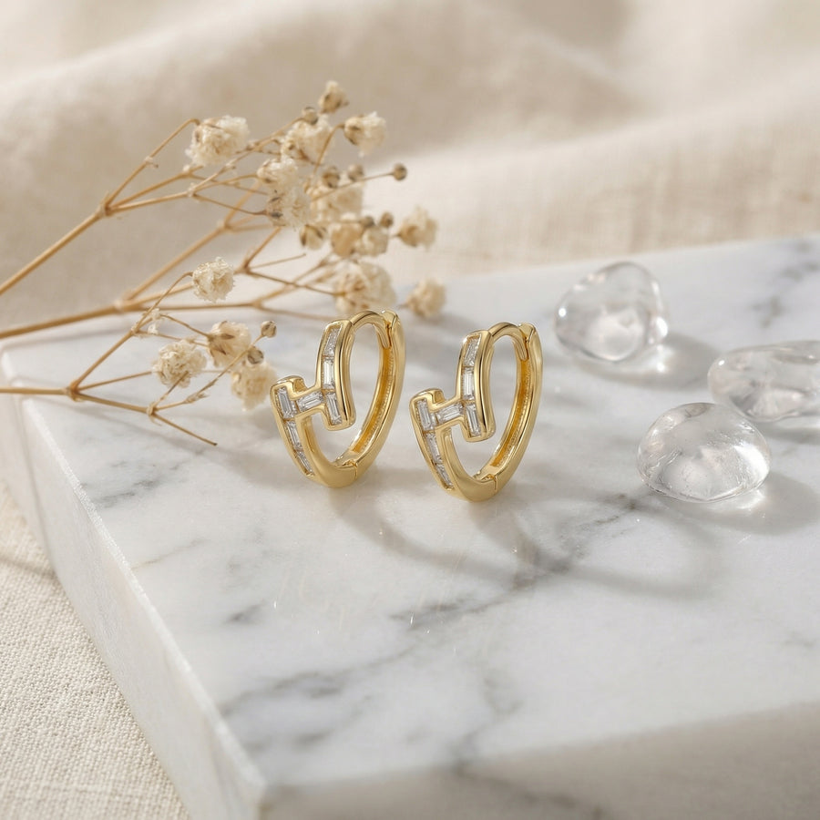 Baguette Interlocking Geometric Hoops – sterling silver earrings, close-up