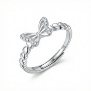 Butterfly Ring with Heart-Link Band – sterling silver ring, front view