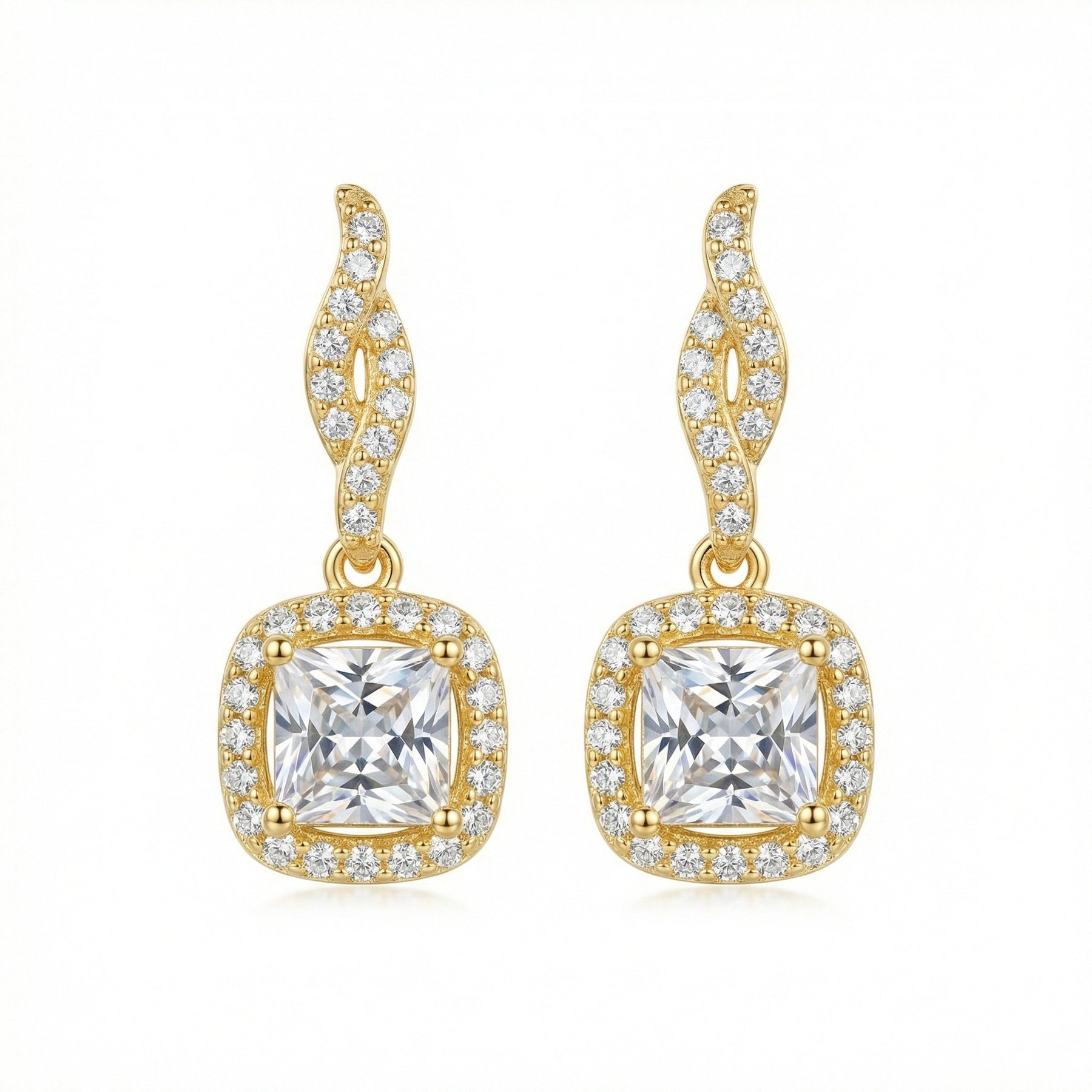Princess-Cut Halo Drop Earrings – sterling silver earrings, front view
