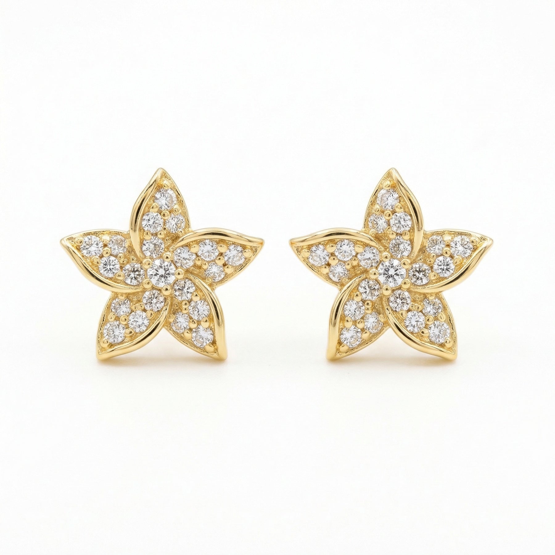 Five-Petal Floral Sparkling stone Studs – sterling silver earrings, front view