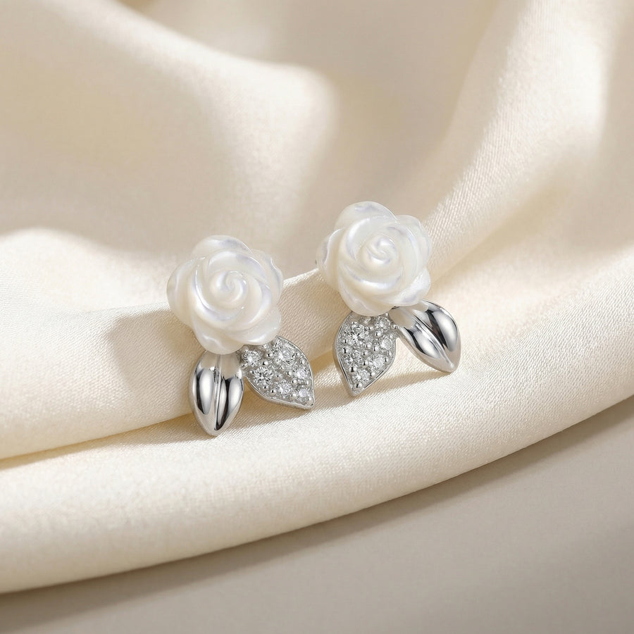 Carved Mother-of-Pearl Rose Studs – mother-of-pearl earrings, side detail
