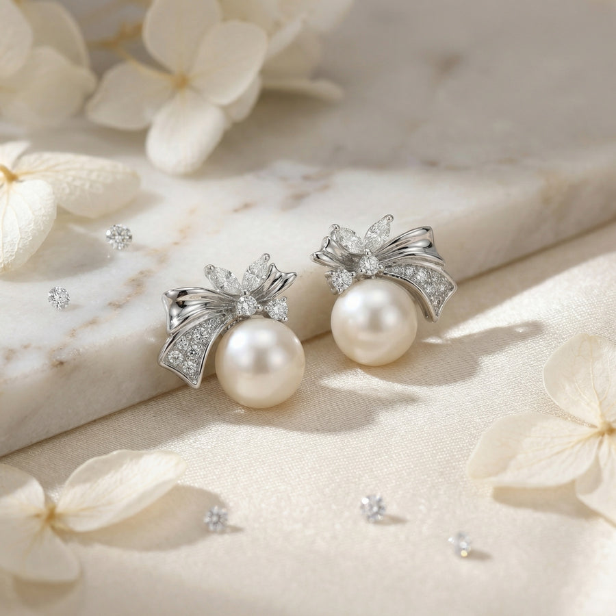 White Pearl Bow Stud Earrings – pearl earrings