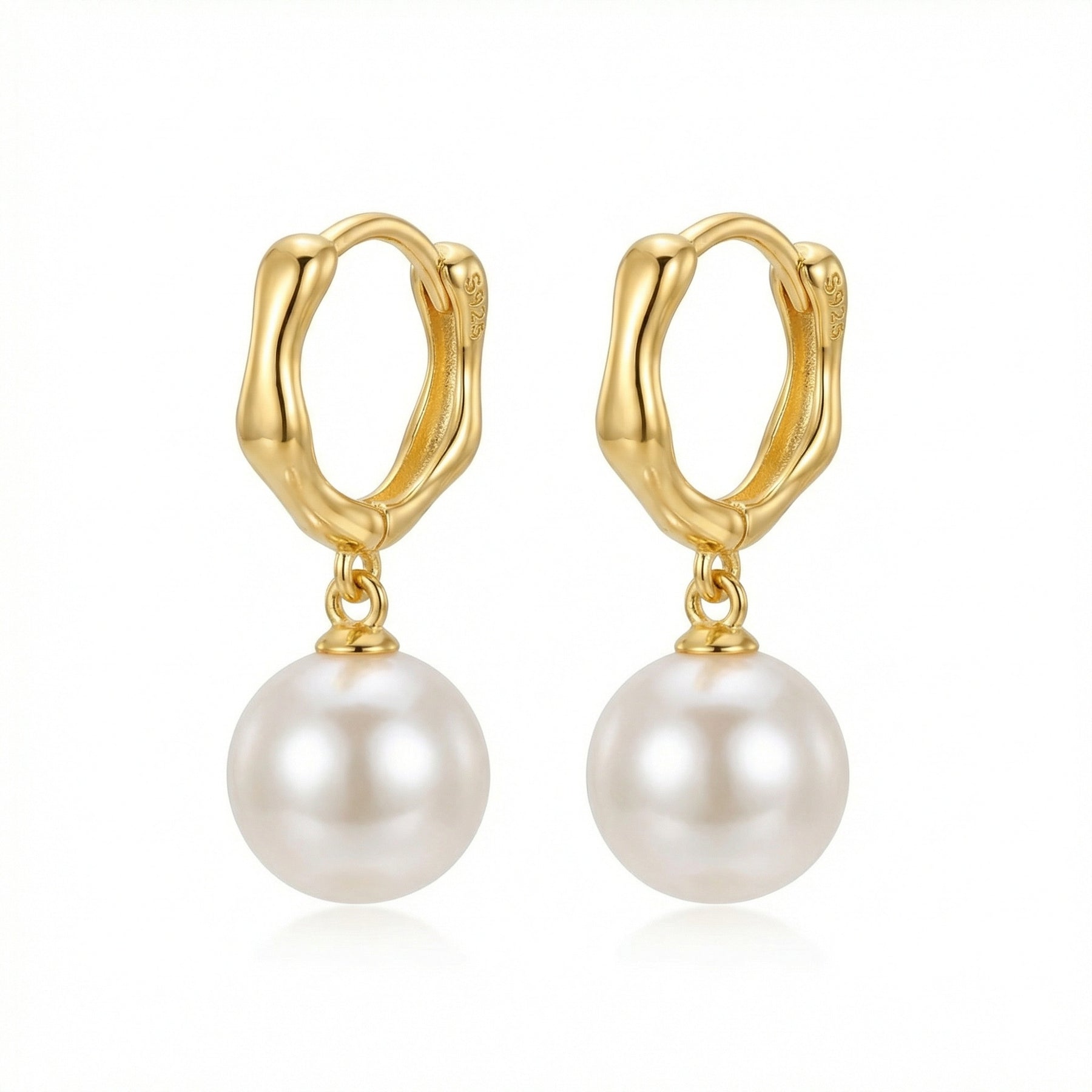 Wavy Huggie Hoops with Pearl Drops – pearl earrings, side detail