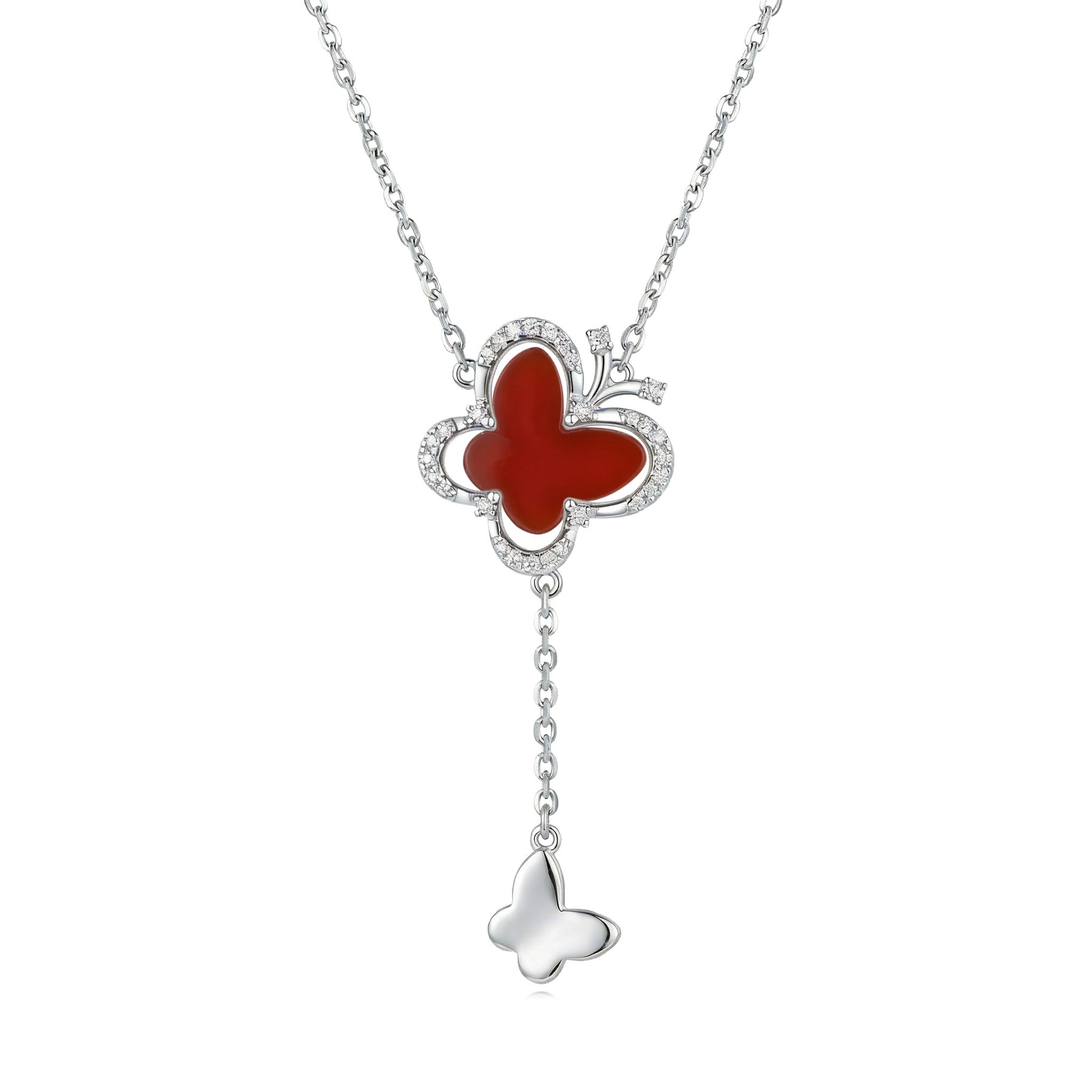 Butterfly Necklace with Red Stone Inlay – sterling silver necklace, close-up