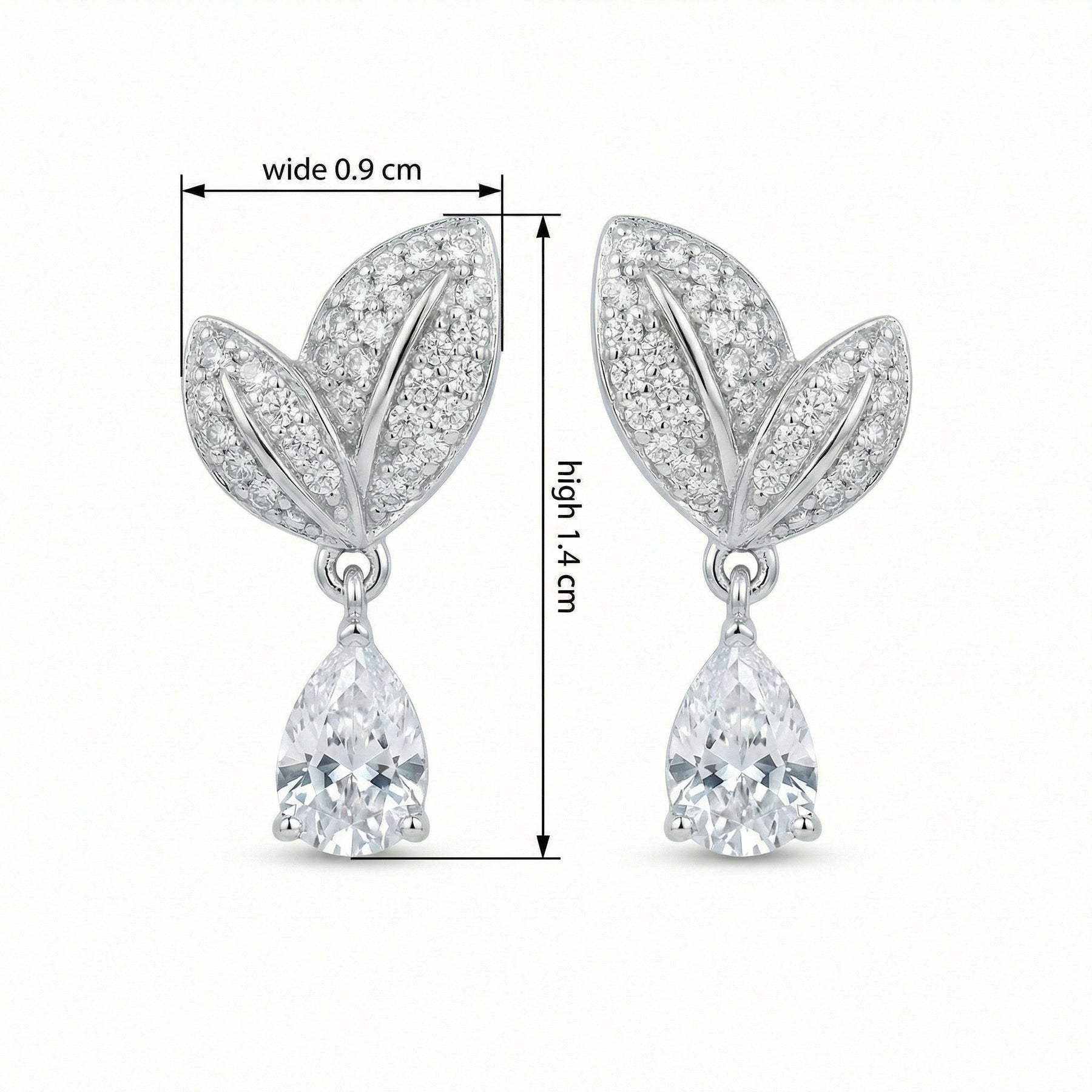Pear-Cut Sparkling stone Leaf Drop Earrings – sterling silver earrings, close-up