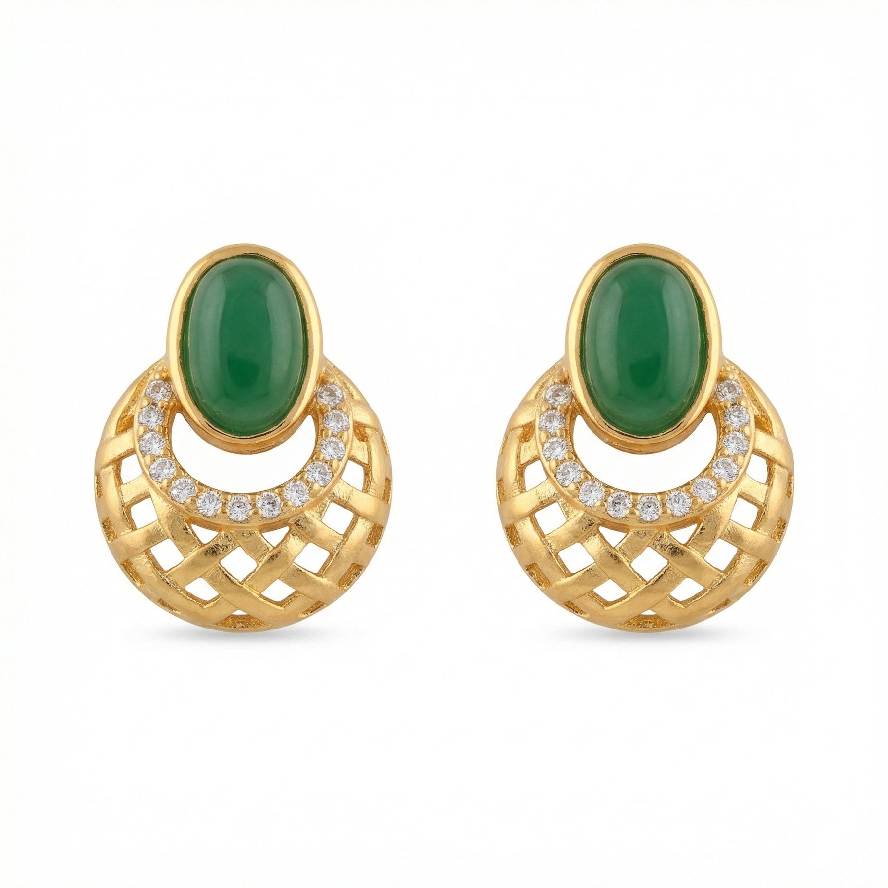 Oval Green Gemstone Lattice Studs – sterling silver earrings, close-up