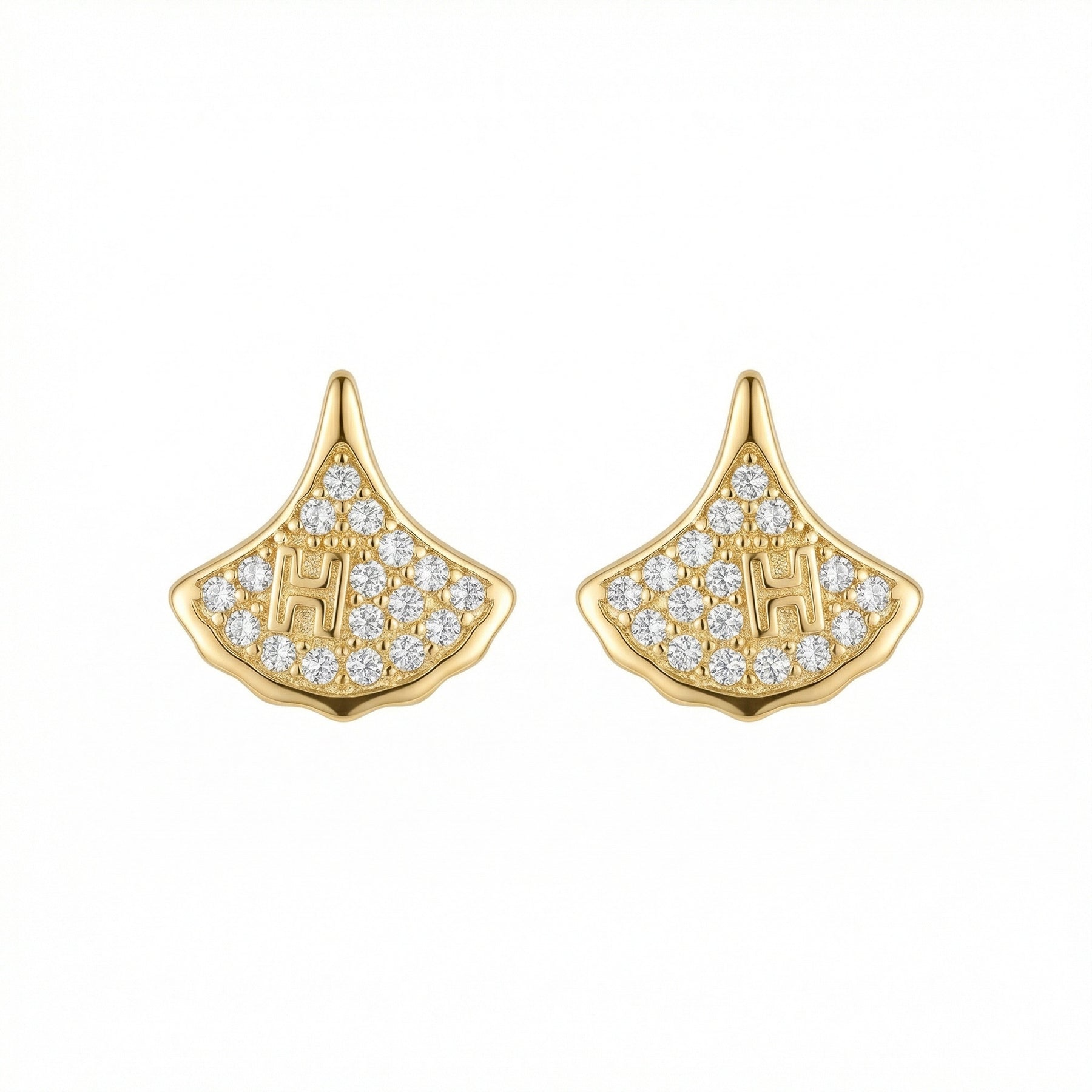 Fan-Shaped Letter H Stud Earrings – sterling silver earrings, front view